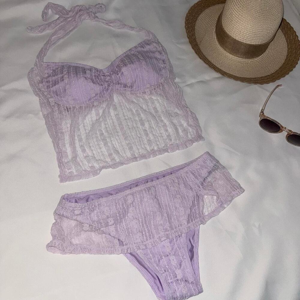 Purple lace halter bikini set with ruffle trim and tie back